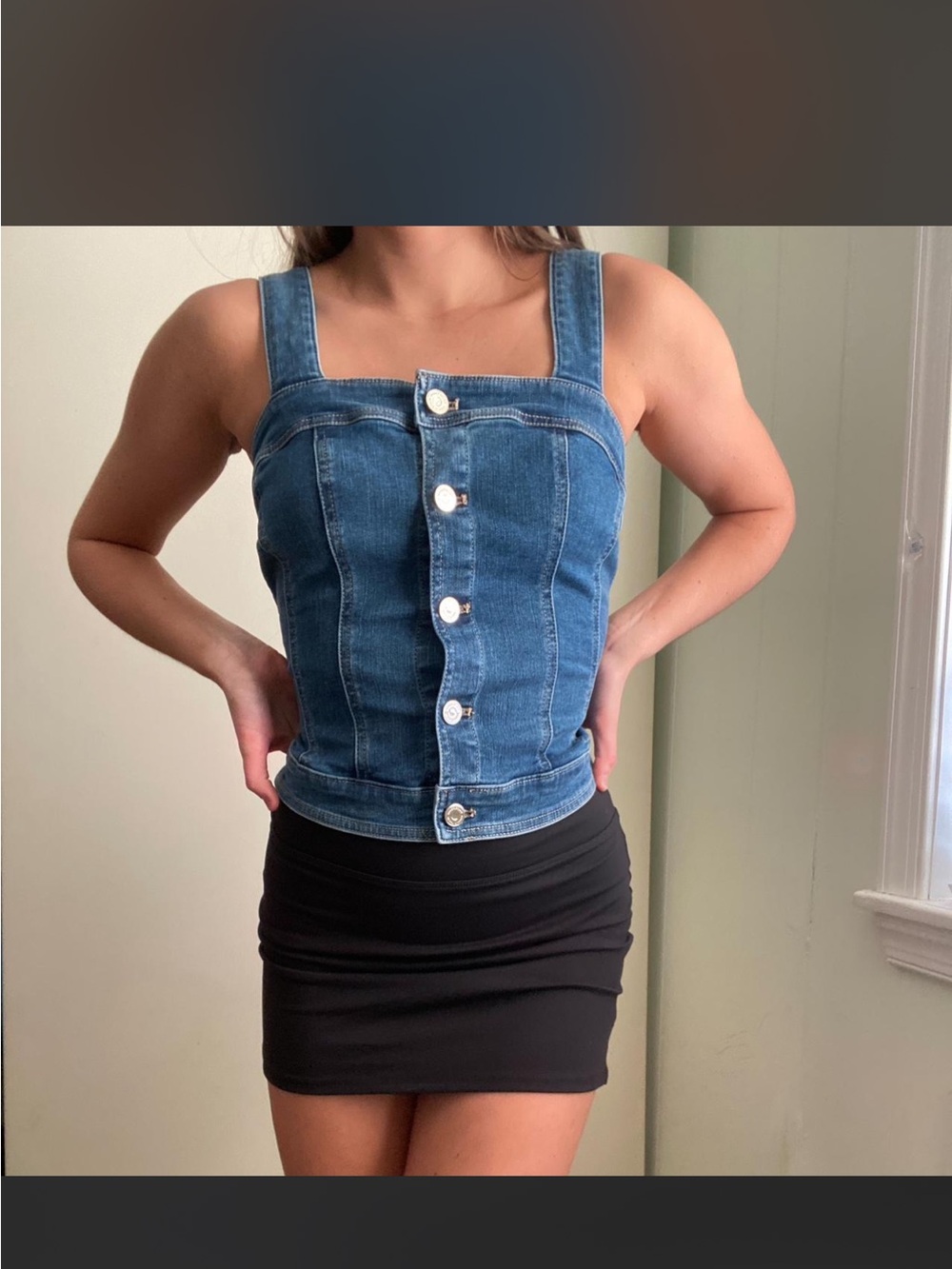 eva mendes for New York & Company Light Blue Denim Button Tank